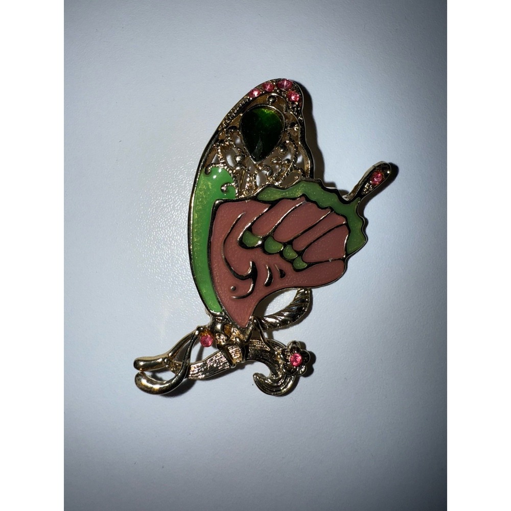 Large Butterfly Brooch Gold Tone Pink & Green Enamel & Rhinestone Pin Brooch